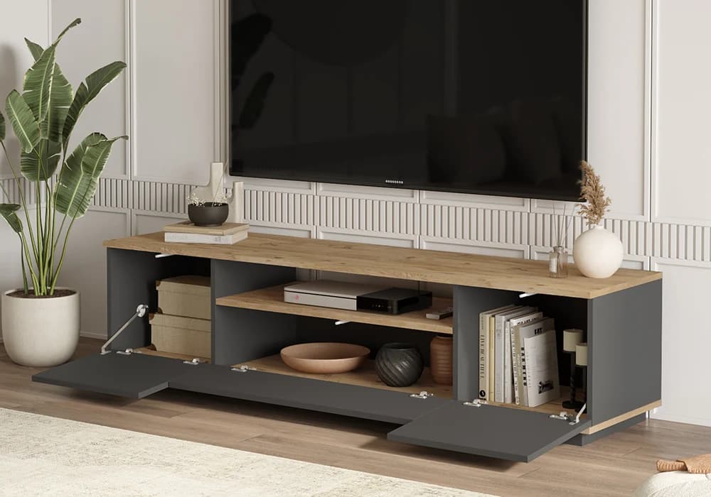 Meuble TV 2 Portes /1 Tiroir Gris/Chêne 180cm (Collection BLANCA) - Image 2