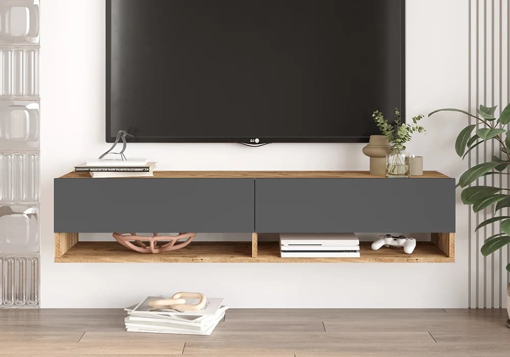 Meuble TV Suspendu CANYON 2 Tiroirs Gris/Chêne 140cm - Image 1