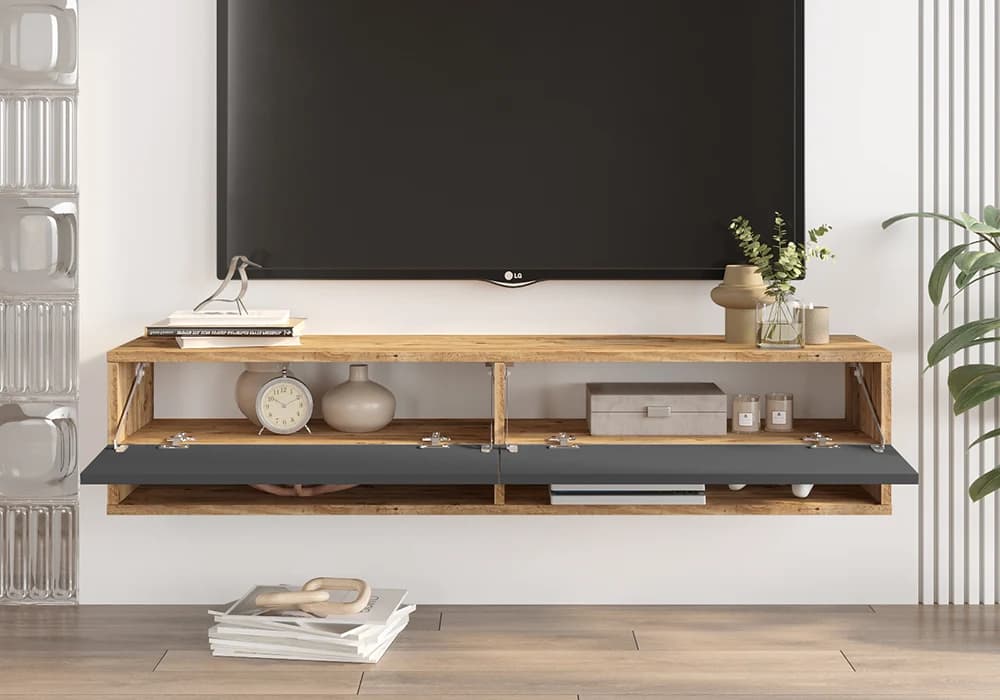Meuble TV Suspendu CANYON 2 Tiroirs Gris/Chêne 140cm - Image 2