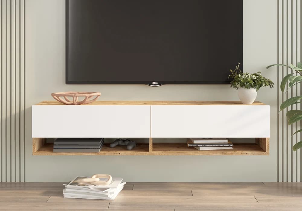 Meuble TV Suspendu CANYON 2 Tiroirs Blanc/Chêne 140cm - Image 1