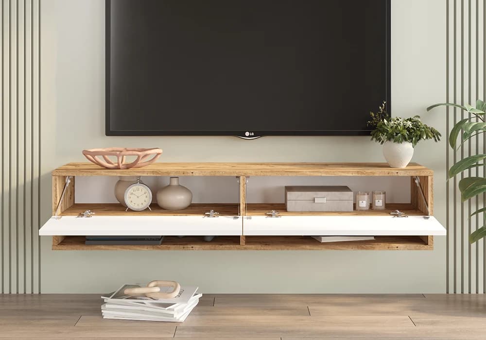 Meuble TV Suspendu CANYON 2 Tiroirs Blanc/Chêne 140cm - Image 2