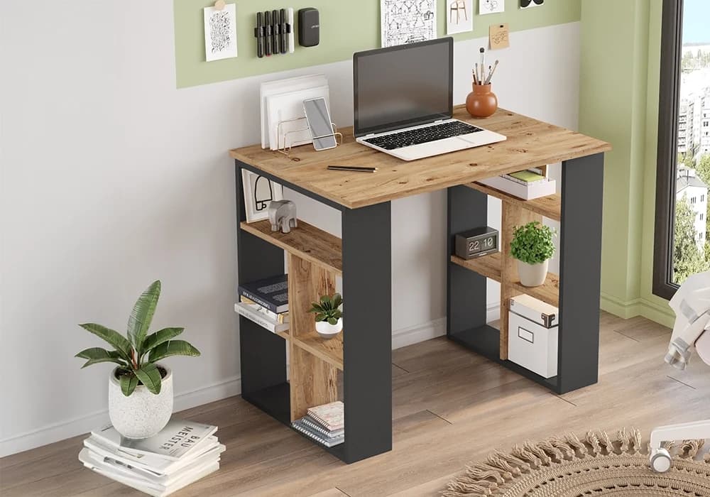 Bureau Compact avec Rangements Latéraux Anthracite/ Chêne - Image 1
