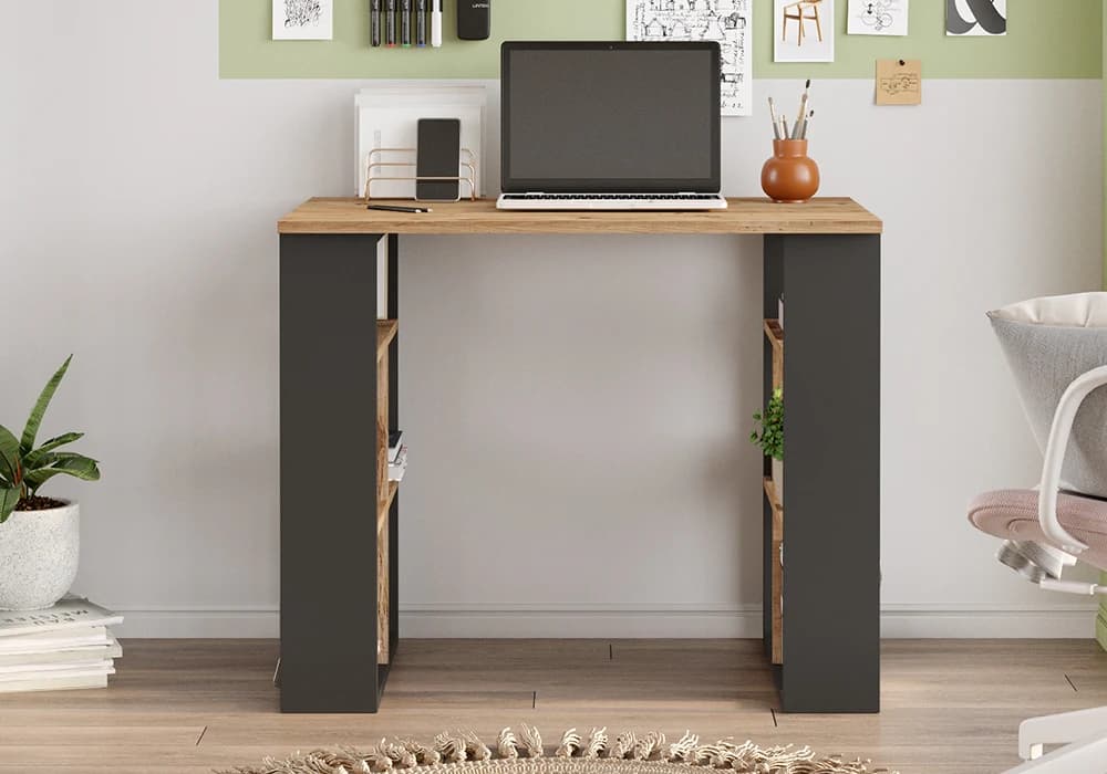 Bureau Compact avec Rangements Latéraux Anthracite/ Chêne - Image 2