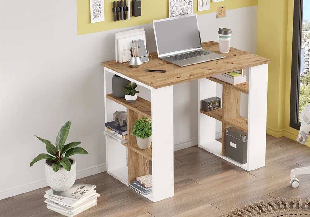 Bureau Compact avec Rangements Latéraux Blanc/ Chêne - Image 1
