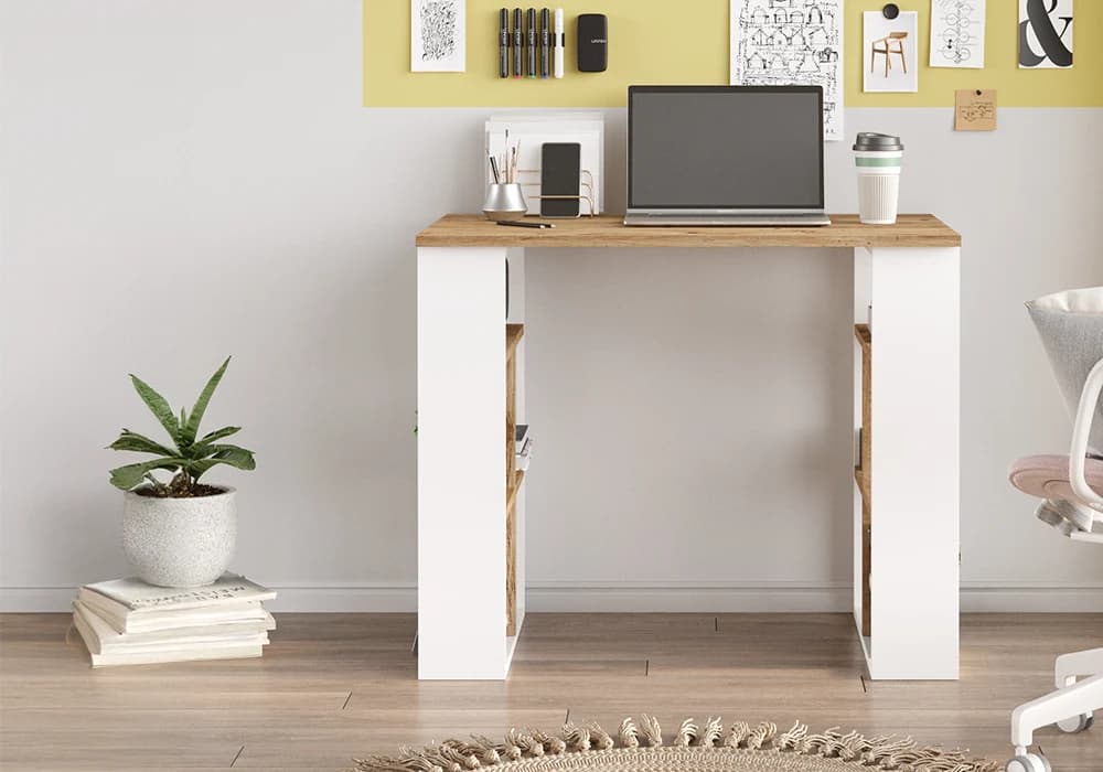 Bureau Compact avec Rangements Latéraux Blanc/ Chêne - Image 2