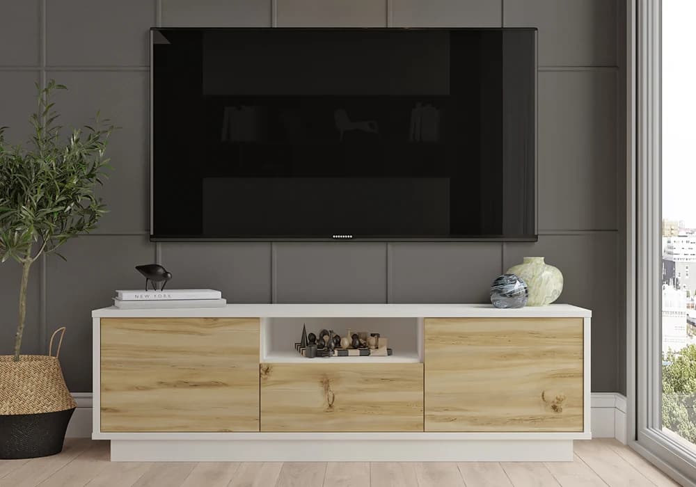 Meuble TV GAMIA 2 Portes/ 1 tiroir Blanc/Chêne 140cm - Image 1
