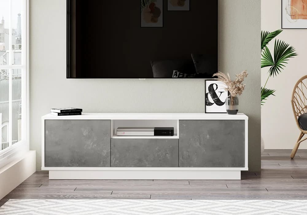 Meuble TV GAMIA 2 Portes/ 1 tiroir Blanc/Gris 140cm - Image 1