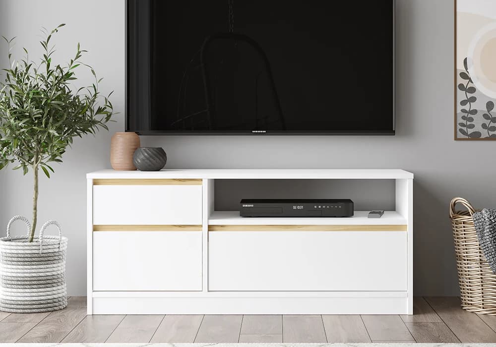 Meuble TV LANO 3 Tiroirs Blanc/Chêne 140cm - Image 1