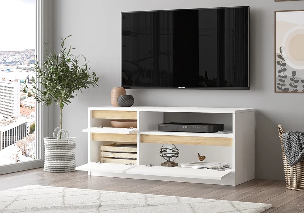 Meuble TV LANO 3 Tiroirs Blanc/Chêne 140cm - Image 2