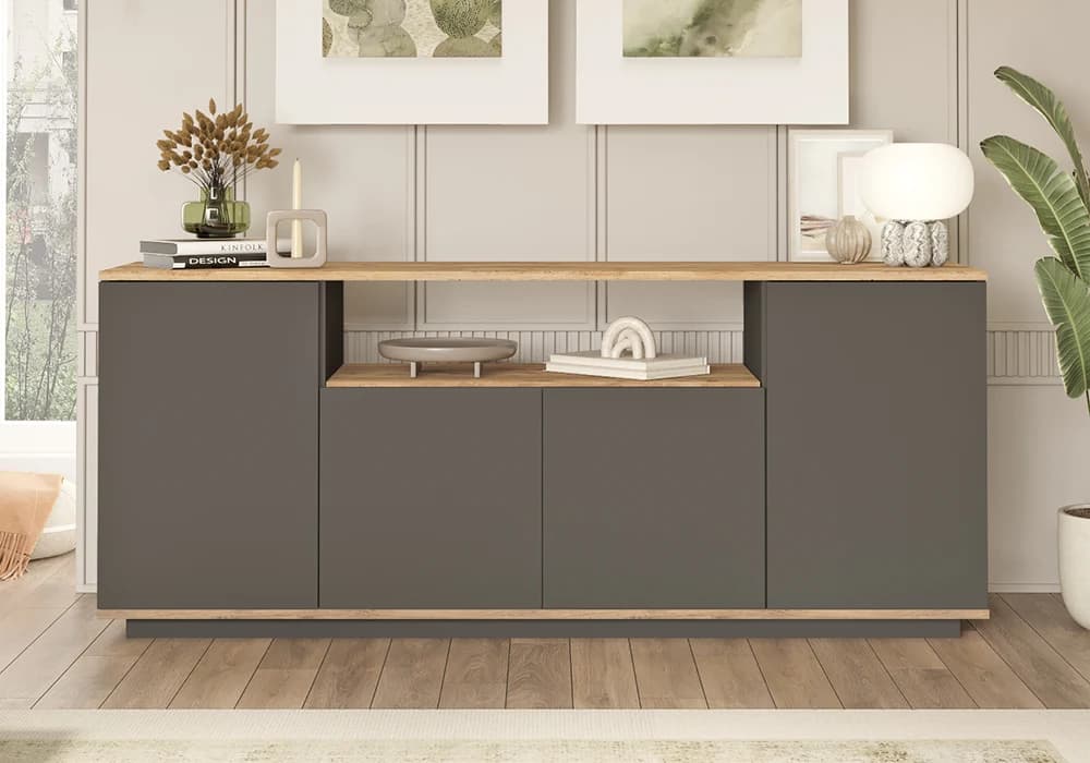 Buffet Bas 4 Portes Anthracite / Chêne (Collection BLANCA) - Image 1