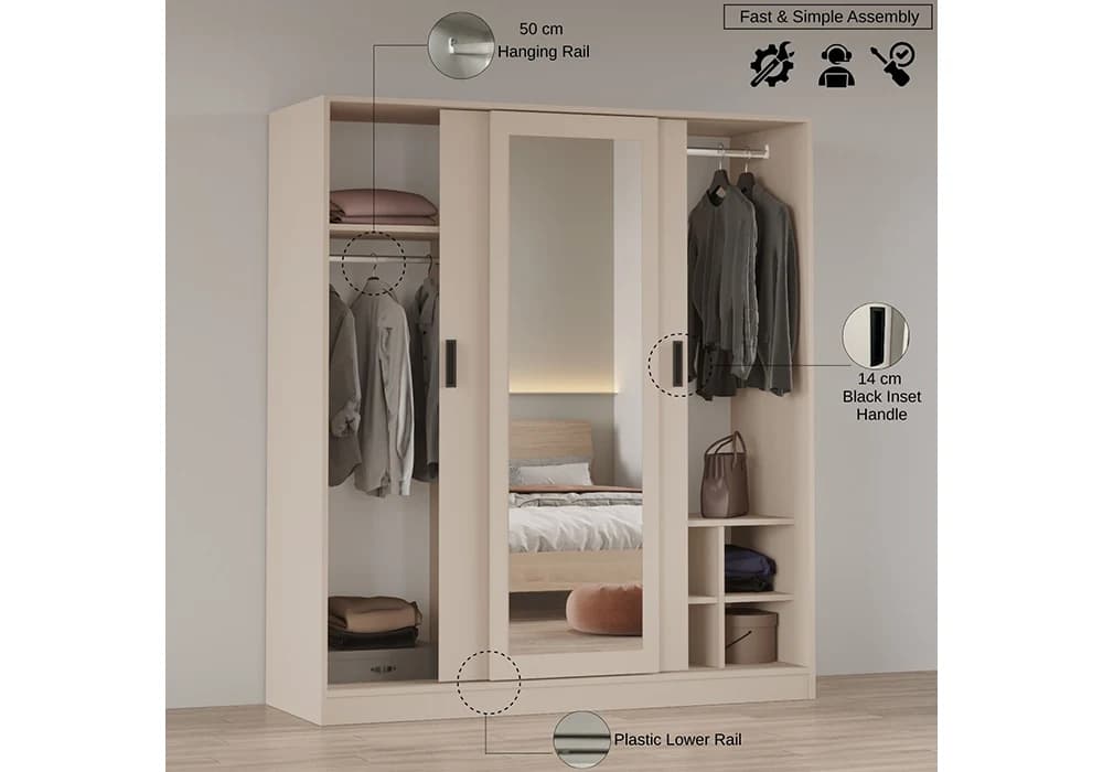 Armoire GROVE 3 Portes Coulissantes Beige Avec Miroir - Image 2