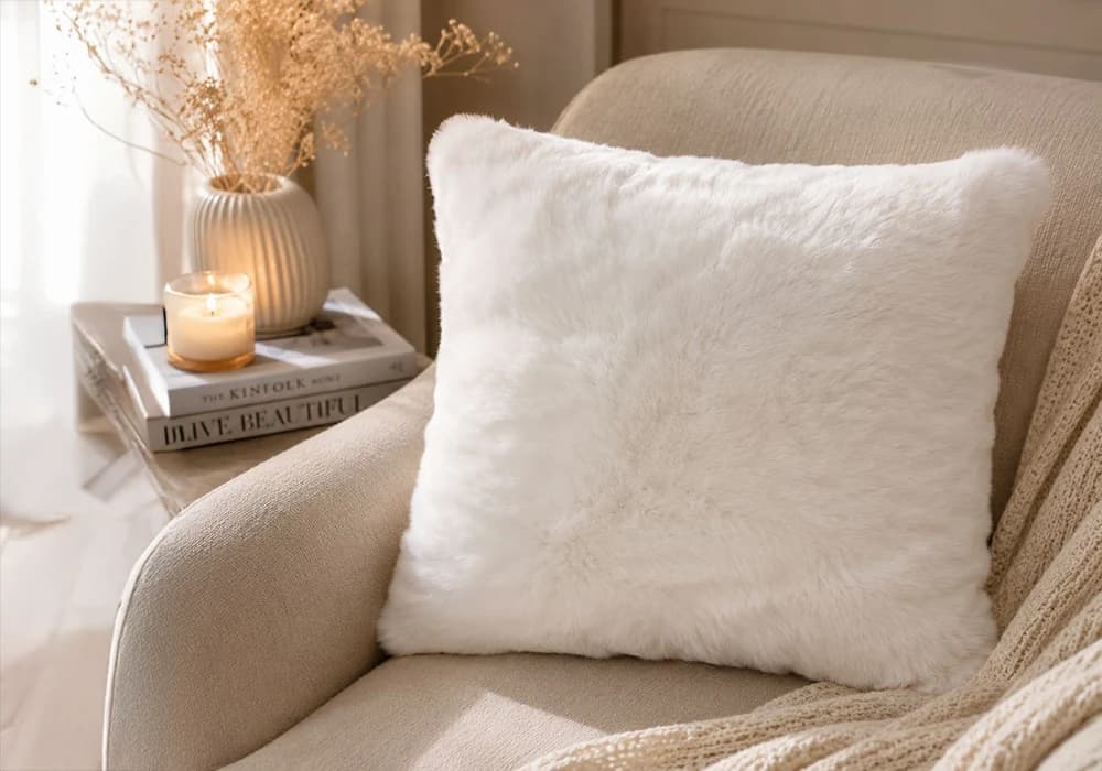 Coussin Décoratif Blanc en Fausse Fourrure – 45 x 45 cm - Image 1