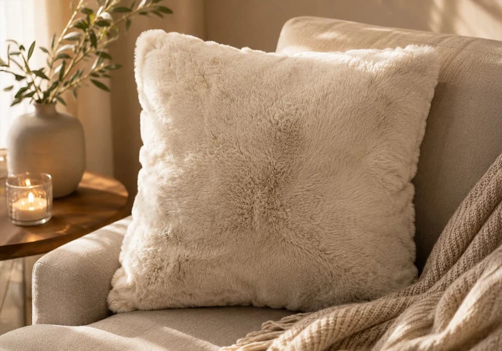 Coussin Décoratif Beige en Fausse Fourrure – 45 x 45 cm - Image 1