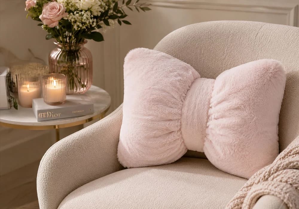 Coussin Décoratif Nœud Rose Poudré Ultra Doux – 35 x 40 cm - Image 1