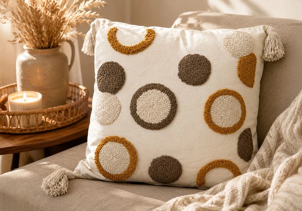 Coussin Décoratif CERCLE Bohème Graphique à Pompons – 45 x 45 cm - Image 1
