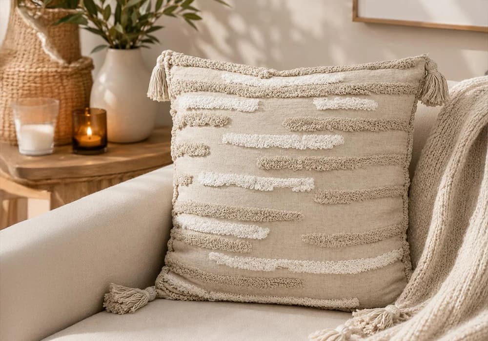 Coussin Décoratif Bohème Naturel à Pompons – 45 x 45 cm - Image 1