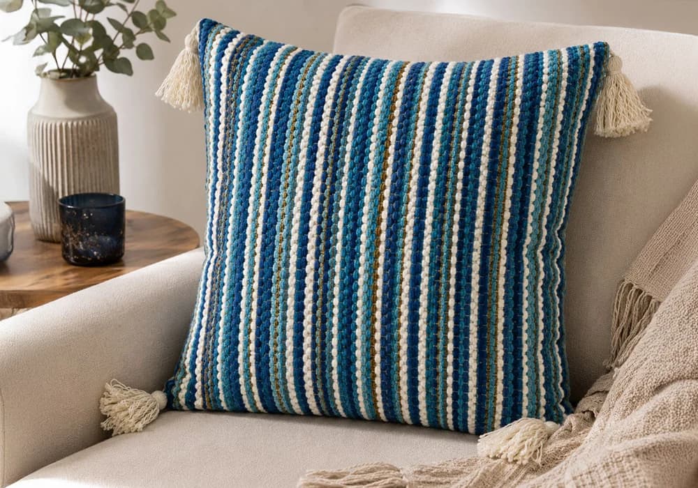 Coussin Décoratif MIRA Tissé Bleu & Blanc à Pompons - Image 1