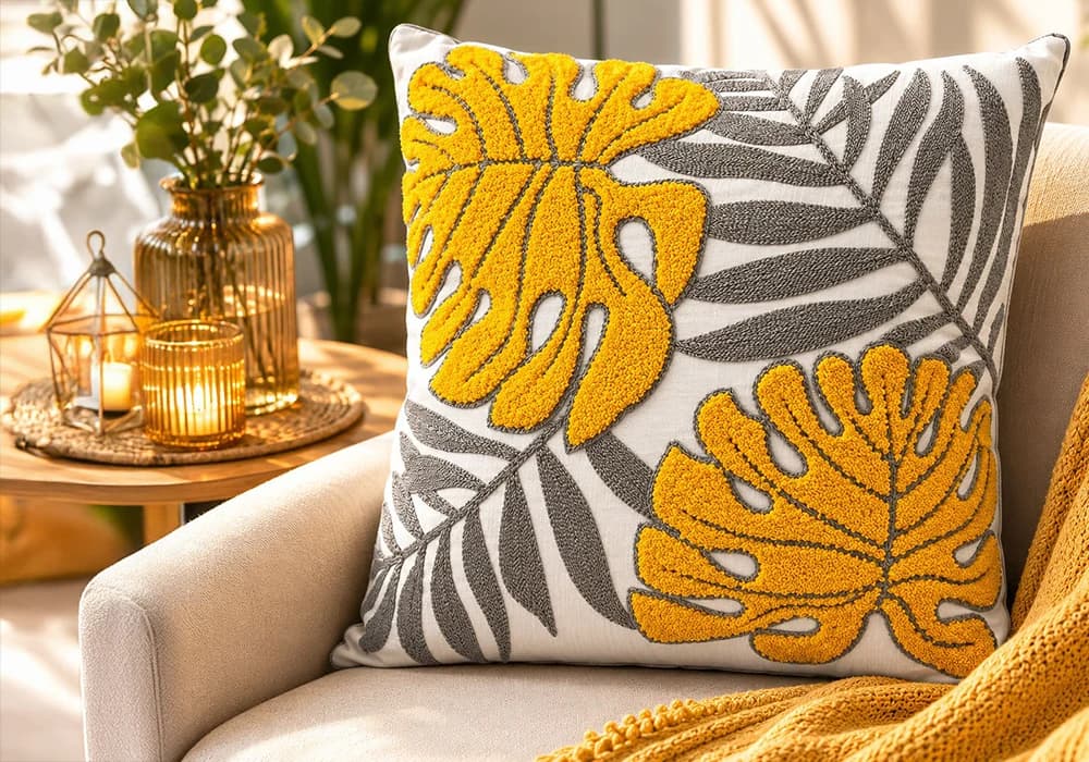 Coussin Décoratif Tropical Jaune & Gris – 45 x 45 cm - Image 1