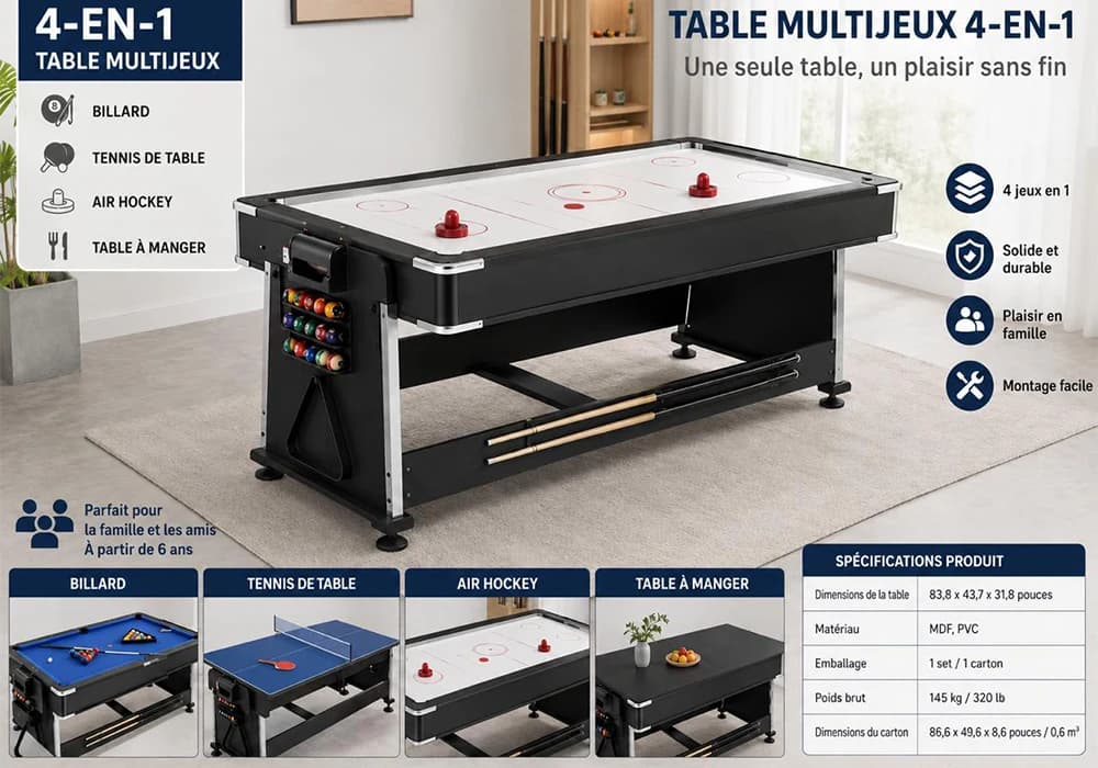 Table Repas Multifonction 4 en 1 – Table à Manger, Billard, Air Hockey & Ping-Pong - Image 2