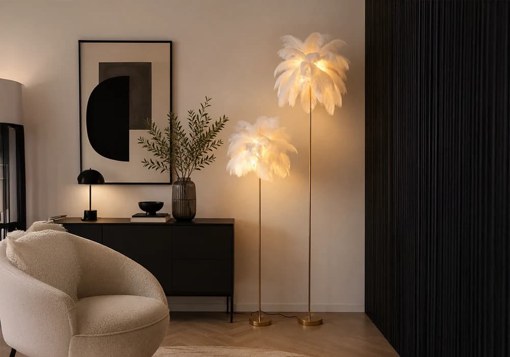 Lampadaire OPALIA PALMIER – Design Glamour Doré & Blanc - Image 1