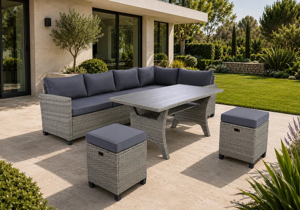 Salon de Jardin d’Angle VALENCIA avec Table de Repas et 2 Poufs - Image 1