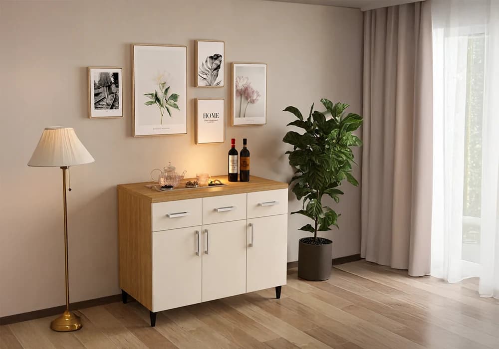 Meuble Bas 120 cm 3 Portes/ 3 Tiroirs Beige (COLLECTION SELENA) - Image 1