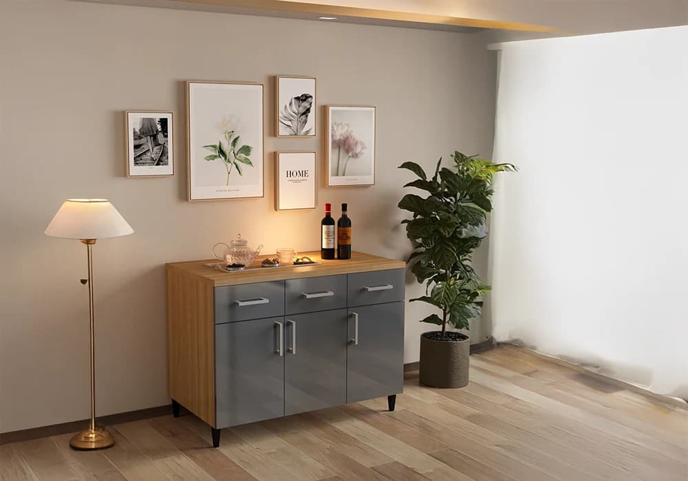 Meuble Bas 120 cm 3 Portes/ 3 Tiroirs Gris (COLLECTION SELENA)