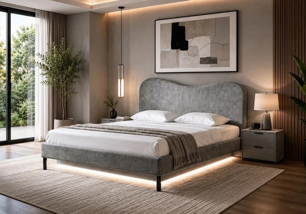 Lit LED ELYA 140x190 cm Gris avec Sommier - Image 1