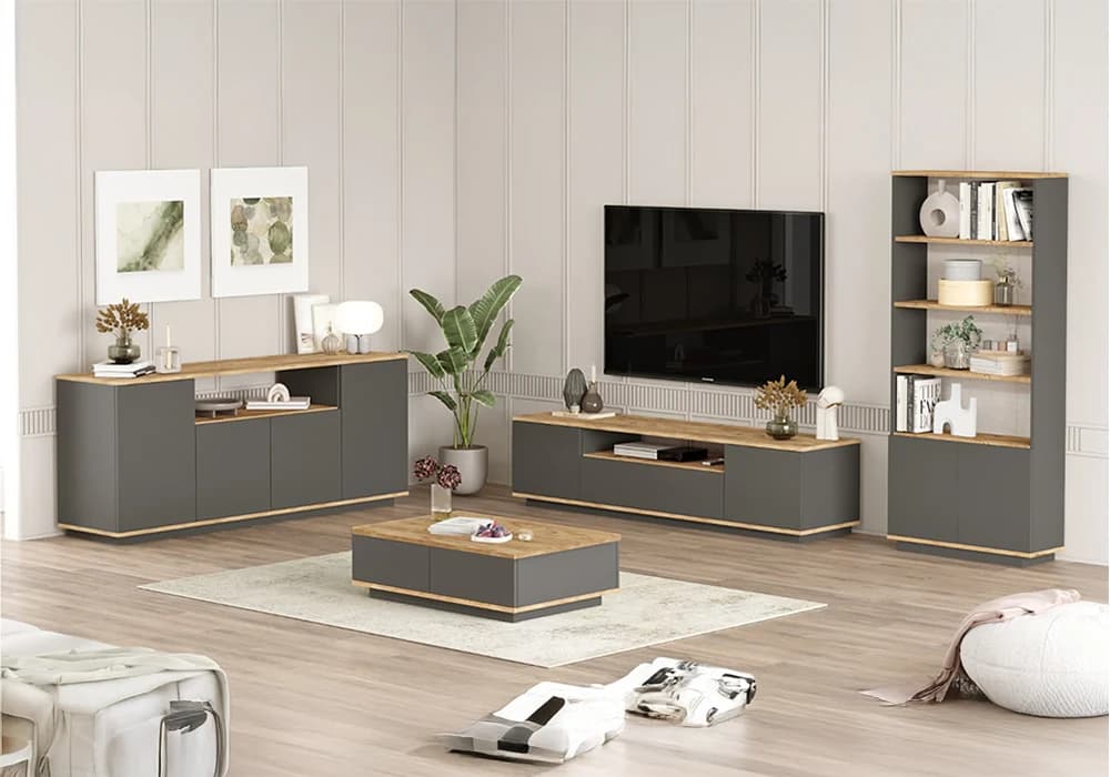 Buffet Bas 4 Portes Anthracite / Chêne (Collection BLANCA) - Image 2