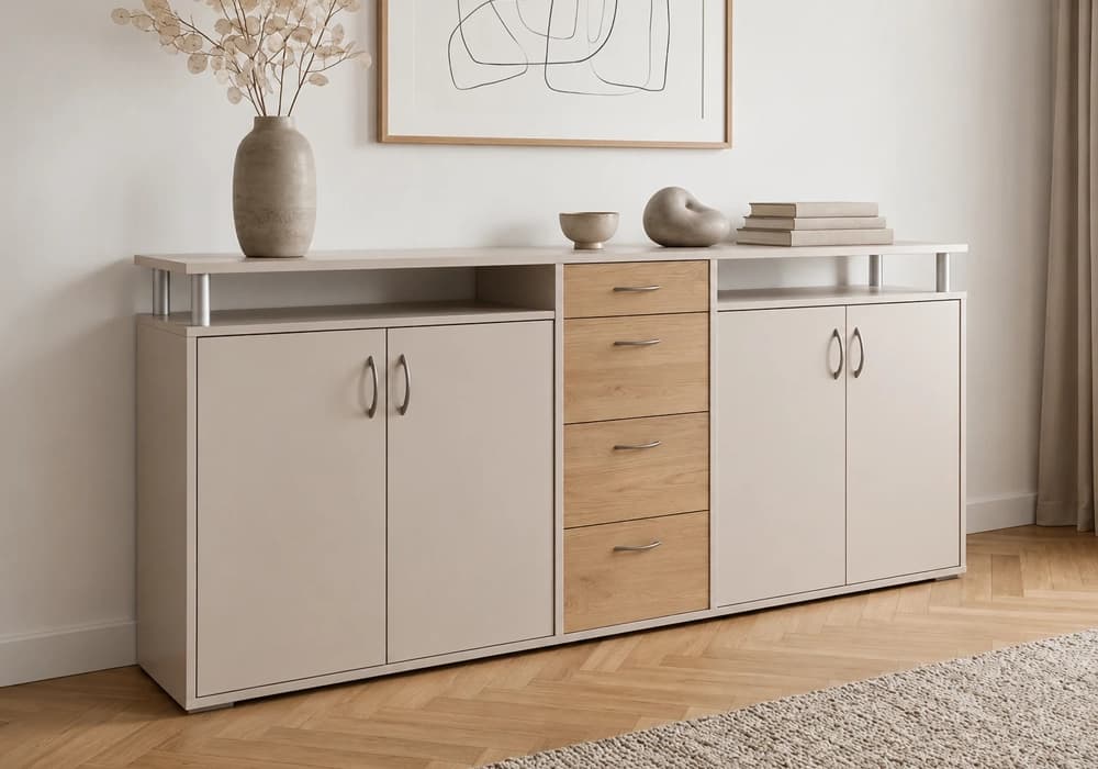 Bahut Bas MAXIMO 4 Portes/ 4 Tiroirs Beige/ Chêne Sonoma - Image 1