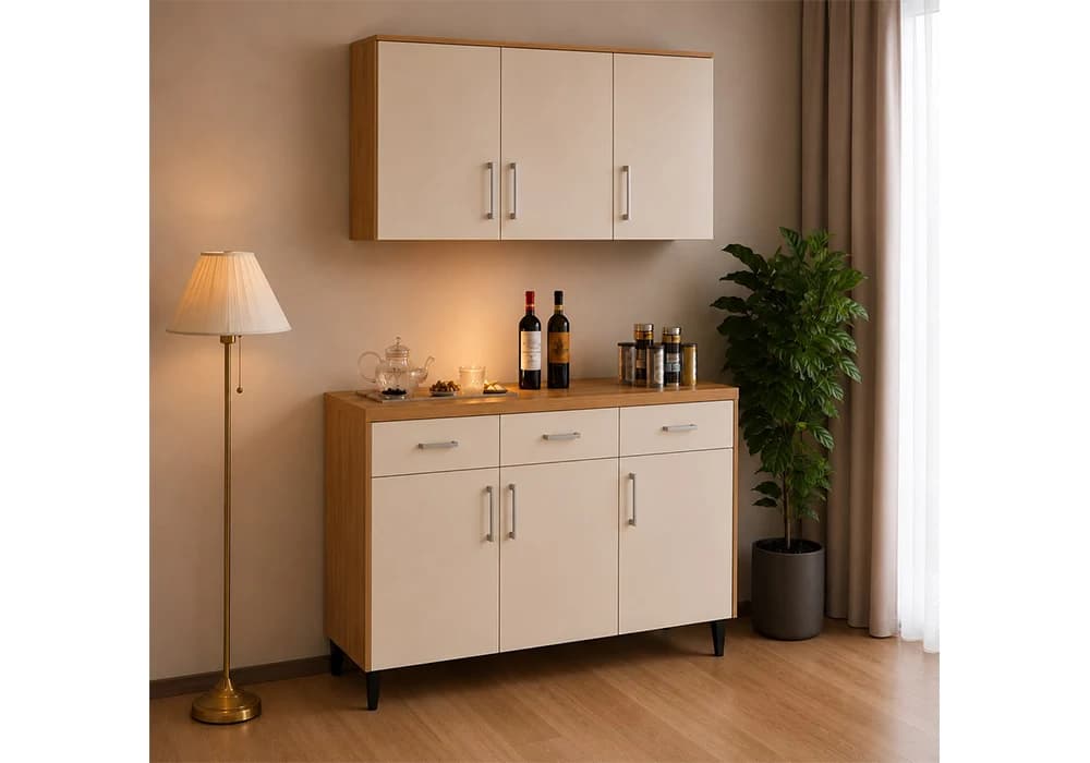Meuble Bas 120 cm 3 Portes/ 3 Tiroirs Beige (COLLECTION SELENA) - Image 2