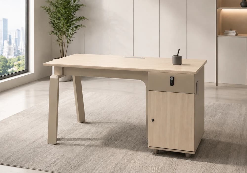 Bureau Droit MAXIO Avec Caisson de Rangement Sécurisé – Bois Clair et Beige - Image 1