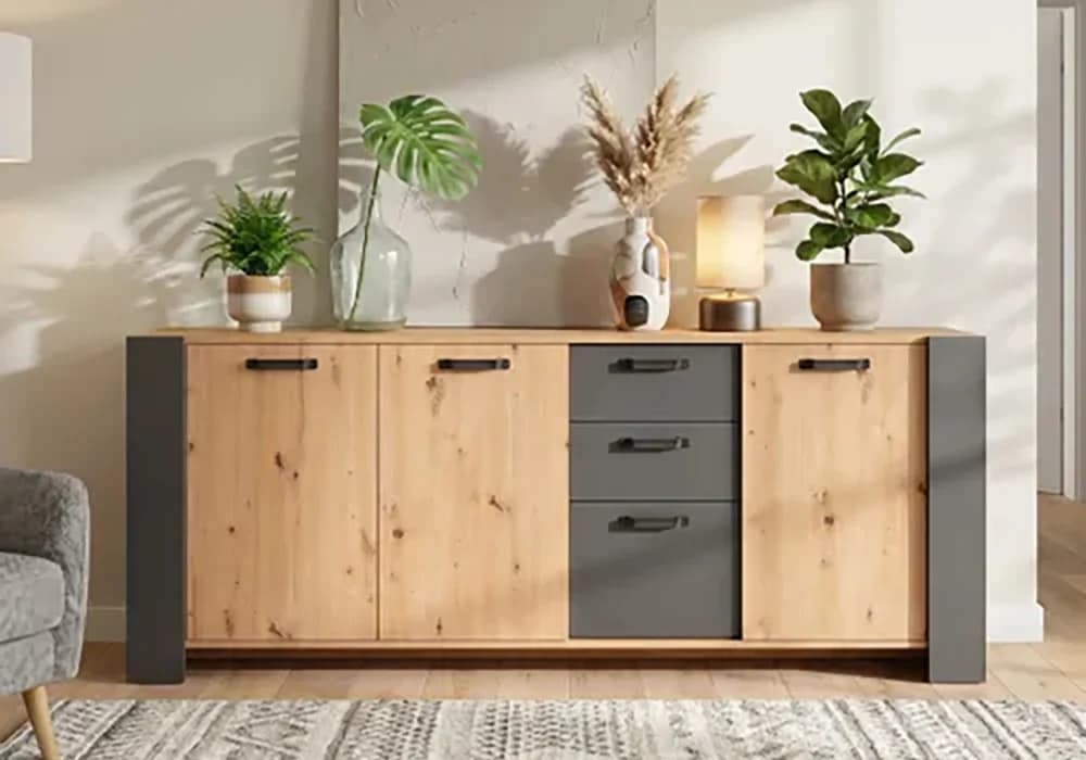 Buffet TRAVIS 3 Portes/ 3 Tiroirs CHEBE Artisan/ Gris Anthracite - Image 1