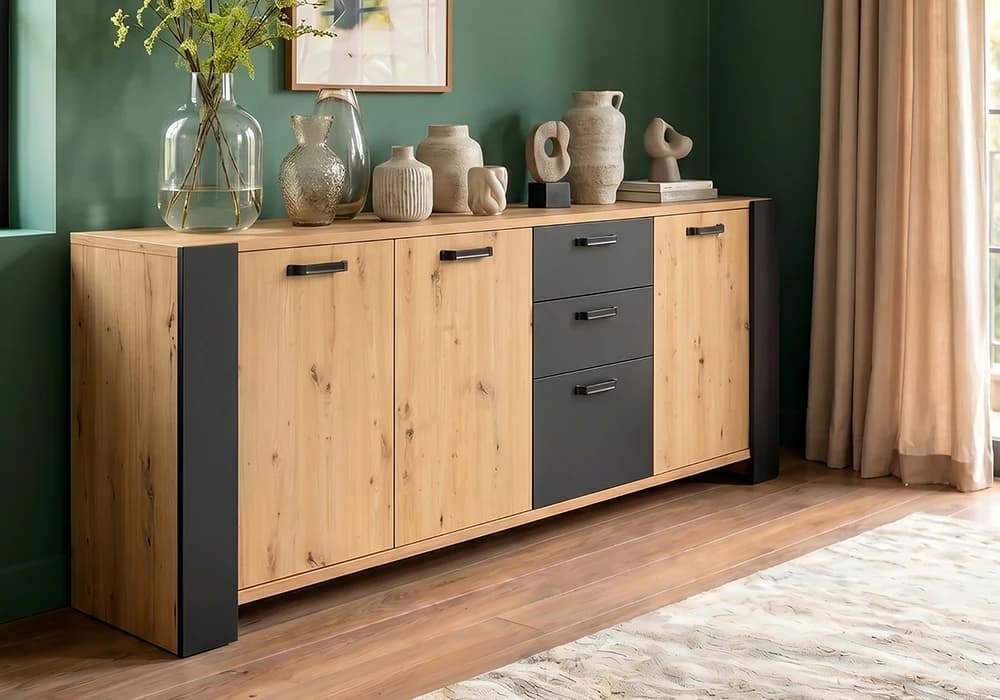 Buffet TRAVIS 3 Portes/ 3 Tiroirs CHEBE Artisan/ Gris Anthracite - Image 2