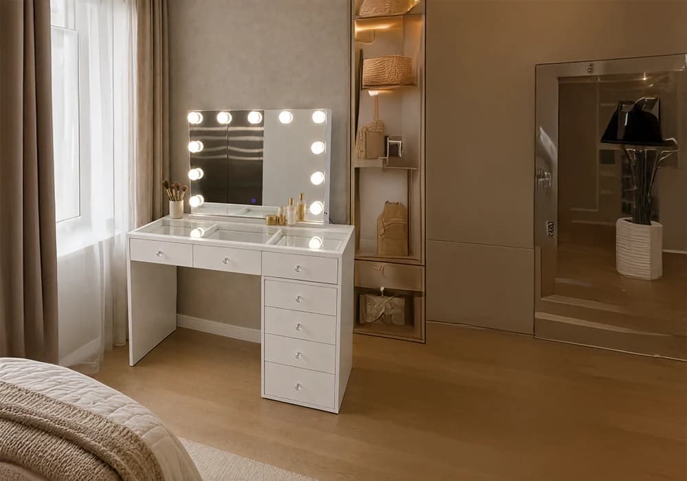 Coiffeuse BIANE 7 Tiroirs Blanc avec Miroir - Image 1