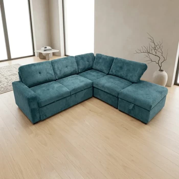 CANAPÉ D'ANGLE DROIT CONVERTIBLE AVEC COFFRE DE RANGEMENT - BLEU CANARD