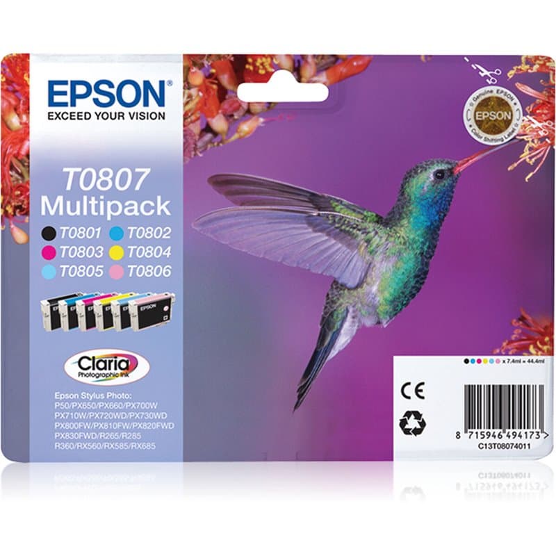 Epson Hummingbird Multipack "Colibri" (T0807) - Encres Claria N, C, M, J, Cc, Mc"