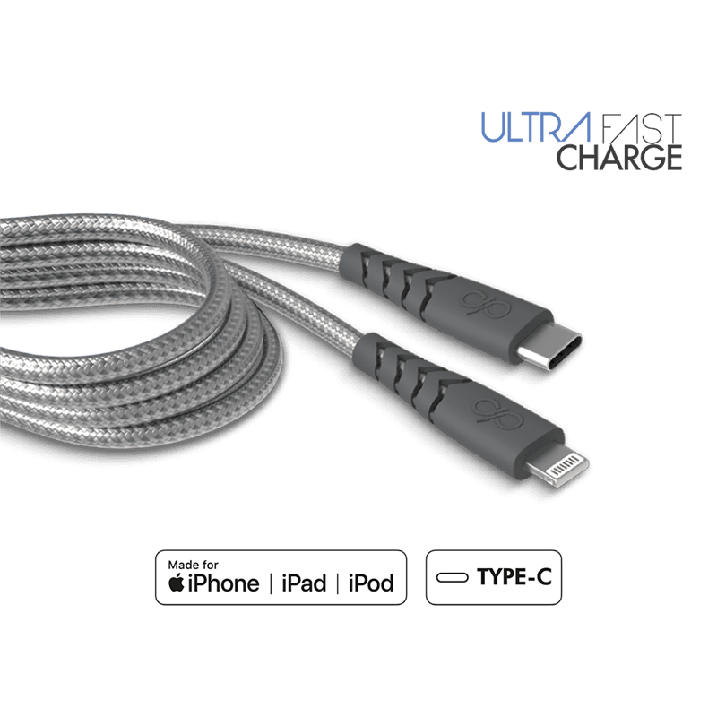 Câble Ultra-renforcé USB C/Lightning 2m 3A Gris - Garanti à vie Force