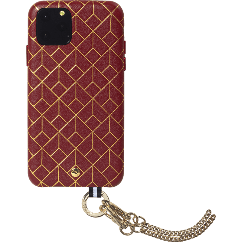 Coffret coque en Cuir embossé St Germain Bordeaux avec bandoulière dor