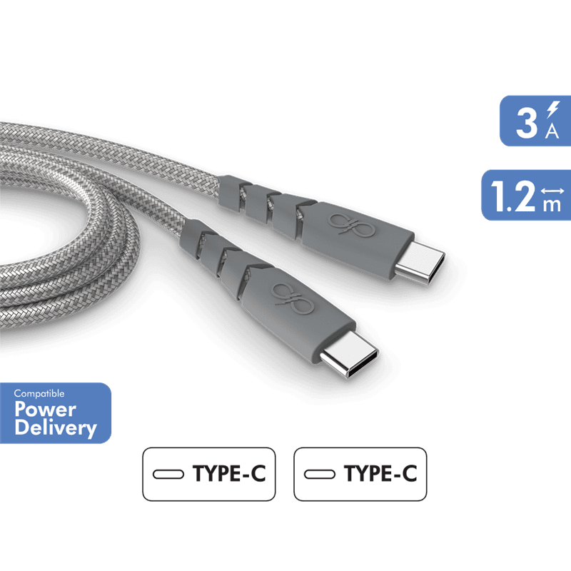 Câble Ultra-renforcé USB C/USB C 1,2m 3A Gris - Garanti à vie - 100% P
