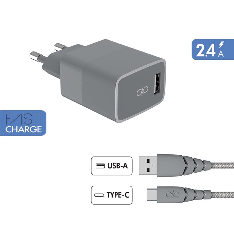 Chargeur maison 3A FastCharge Garanti à vie + Câble USB A/USB C Gris