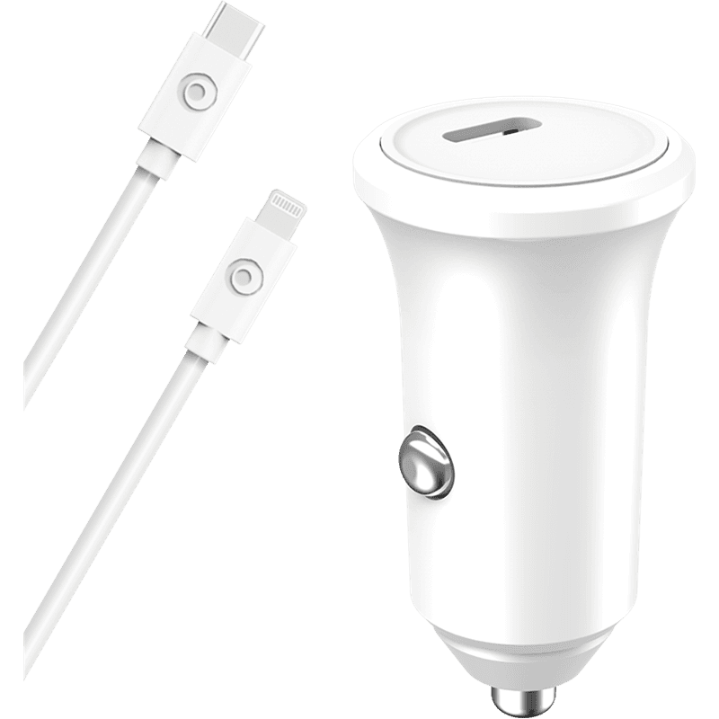 Chargeur voiture USB C 30W Power Delivery + Câble USB C/Lightning Blan