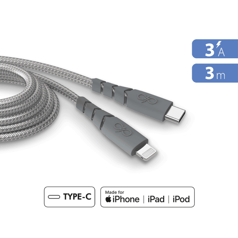 Câble Ultra-renforcé USB C/Lightning 3m 3A Gris - Garanti à vie - 100%