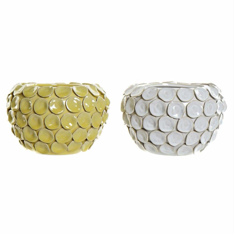 Vase DKD Home Decor 24,5 x 24,5 x 17 cm Blanc Grès Moderne Avec relief Moutarde (2 Unités)