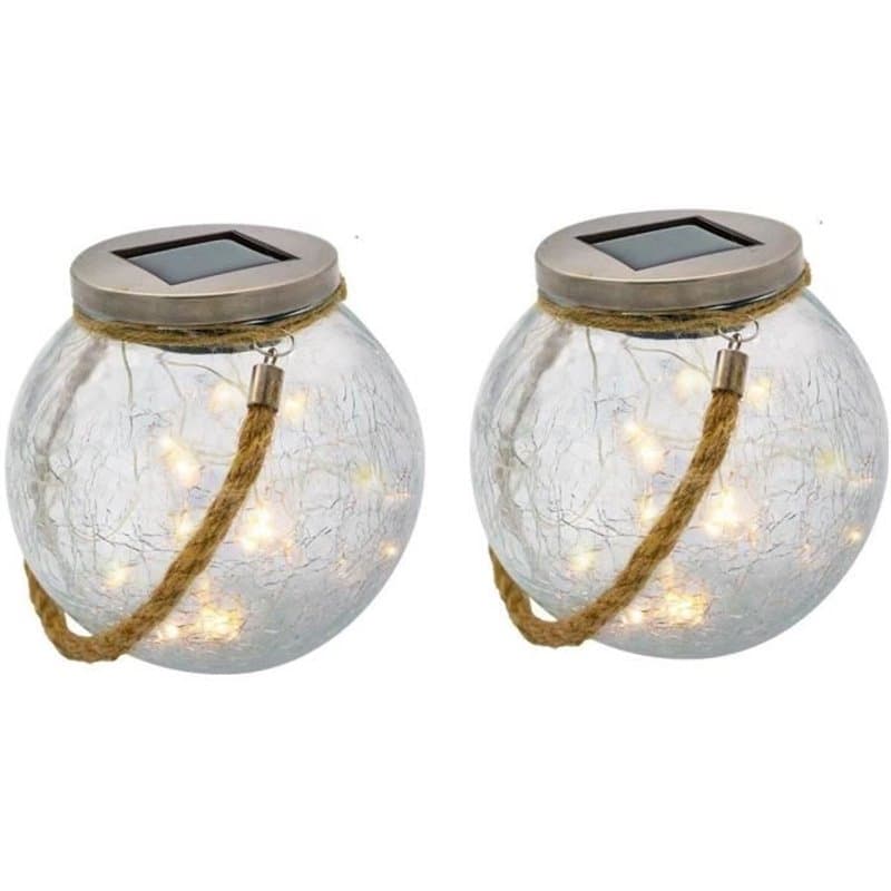 Lot de 2 boules solaires - LUMISKY - CRACK BALL CORD - H13 cm - Verre craquelé a poser - Poignée corde micro - LED blanc
