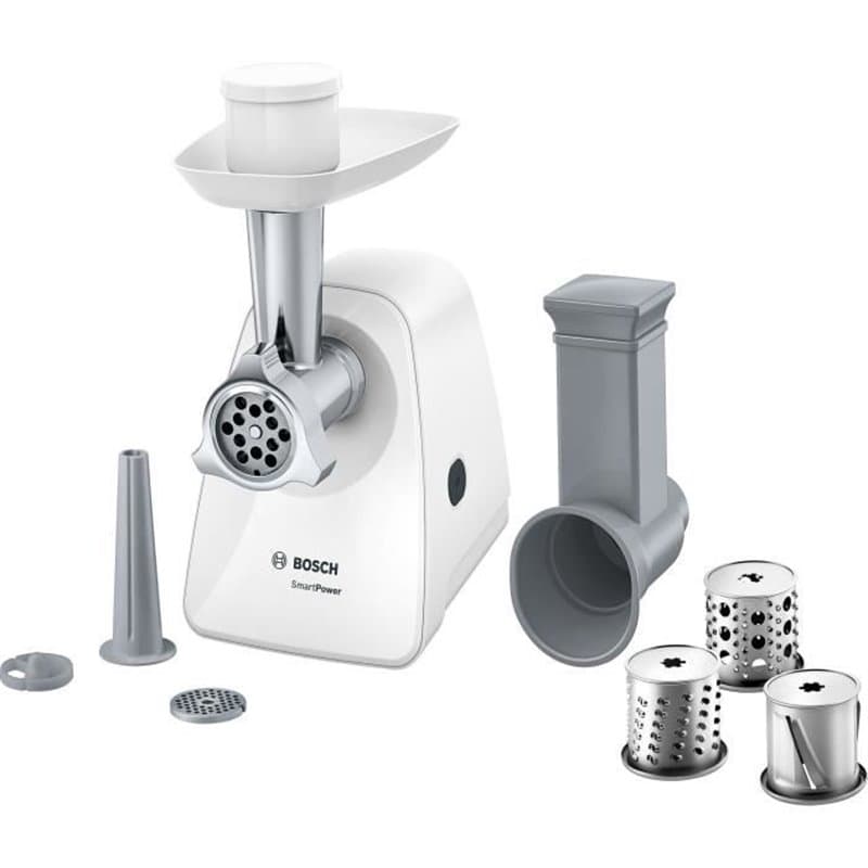 Hachoir a viande - Bosch - MFW2514W SmartPower - Blanc - moteur bloqué 1500 W - 1,7 kg/mn - 2 grilles de hachoir - râpeu