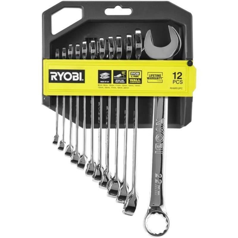 Jeu de 12 clés (8, 9, 10, 11, 12, 13, 14, 15, 16, 17, 19, 22 mm) - Ryobi - Angle de reprise 15° - Compatible avec Ryobi