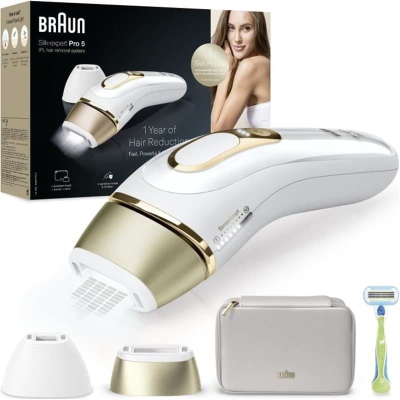 Épilateur a Lumiere Pulsée - Braun - Silk·expert Pro 5 - Épilation a la maison - Pochette - Rasoir Venus - 2 Tetes - PL5