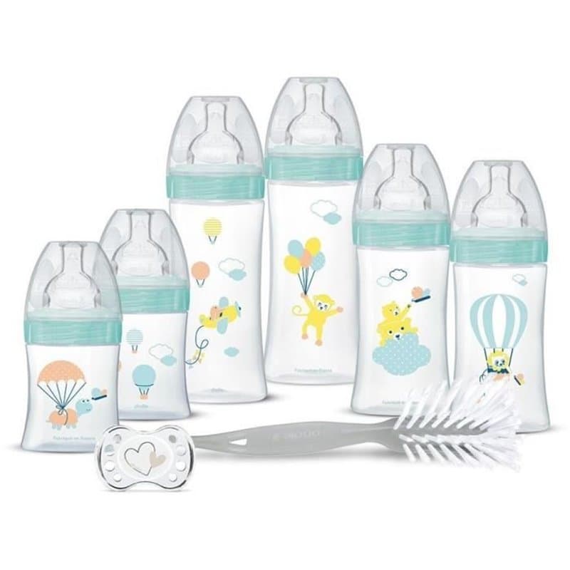 Dodie Kit Naissance - 6 Biberons Anti-Colique Tétines Plates, 1 Sucette Anatomique 0-2 Mois, 1 Goupillon - Sans BPA - Ve