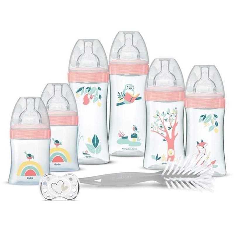 Dodie Kit Naissance - 6 Biberons Anti-Colique Tétines Plates, 1 Sucette Anatomique 0-2 Mois, 1 Goupillon - Sans BPA - Ro